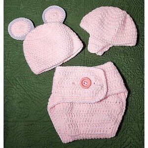 CROCHETED BABY DIAPER COVER 2 HAT SET GIRL Handmade Mickey Ears Picture Prop